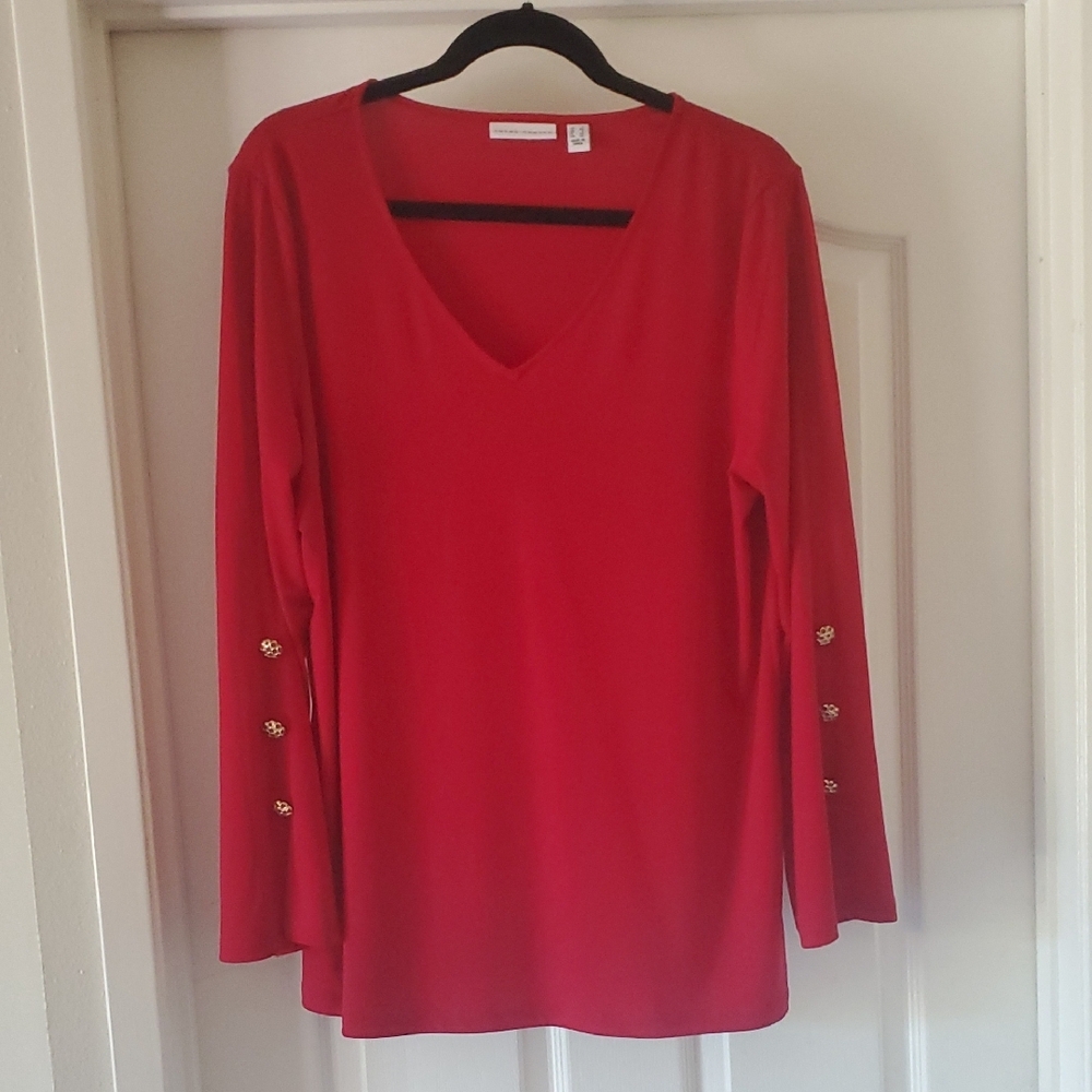 Susan Graver Liquid Knit Red V Neck with 3/4 embellished sleeves (L)